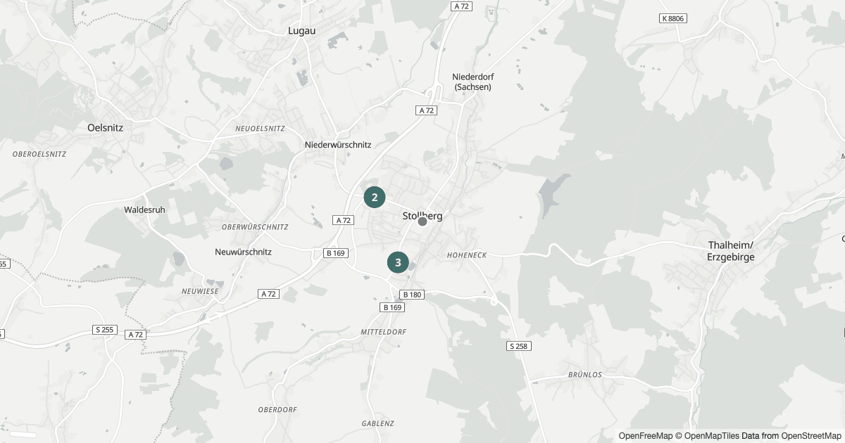 Karte mit 62 Polizeimeldungen aus Stollberg aus den letzten zwölf Monaten