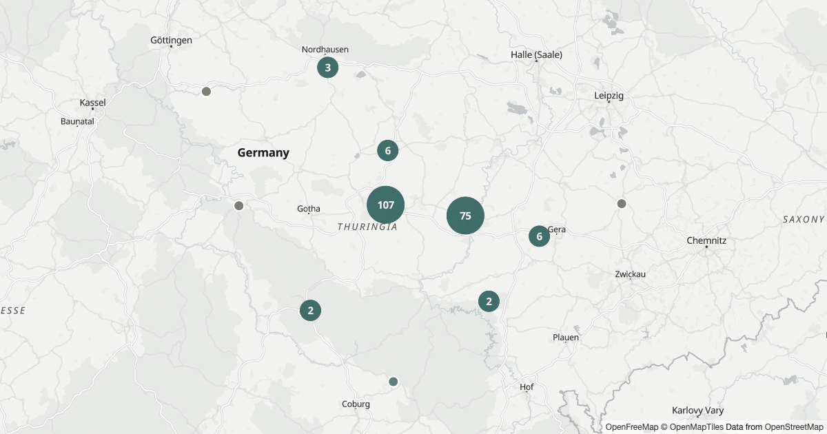 Polizeibericht Thüringen — Karte Karte von Thüringen mit 1.095 Polizeimeldungen aus den letzten 90 Tagen