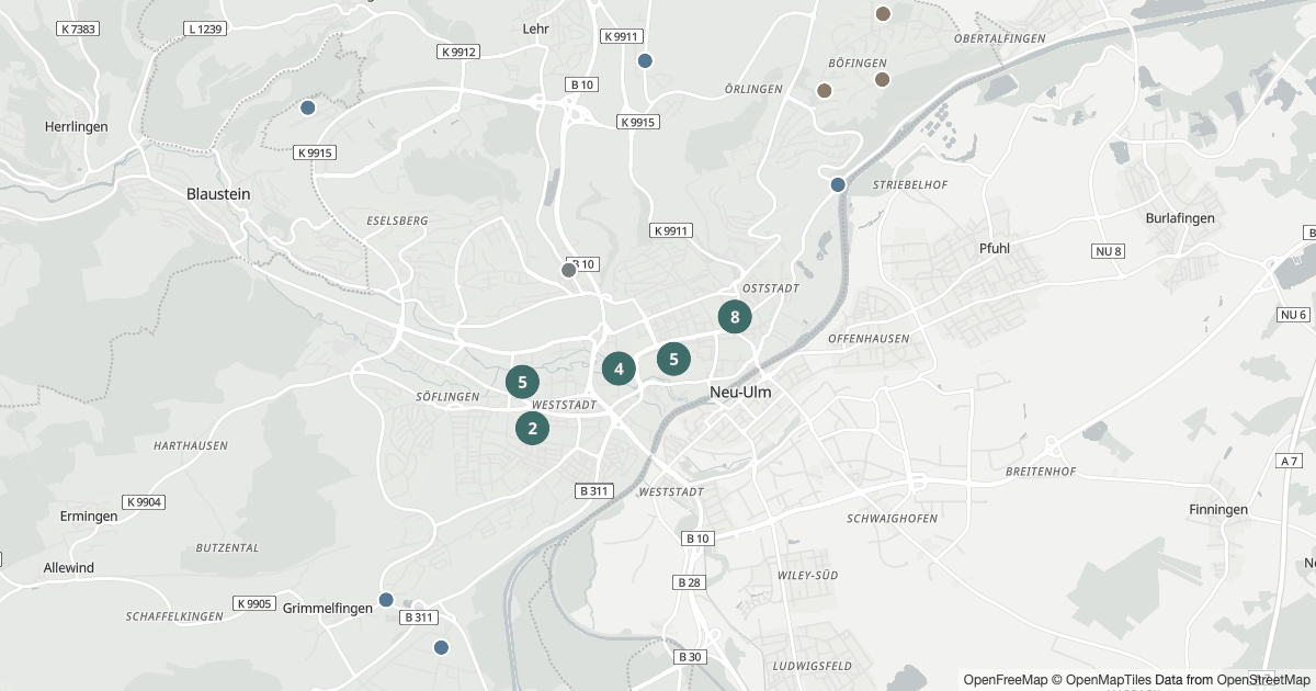 Karte mit 92 Polizeimeldungen aus Ulm seit dem 7. August 2026