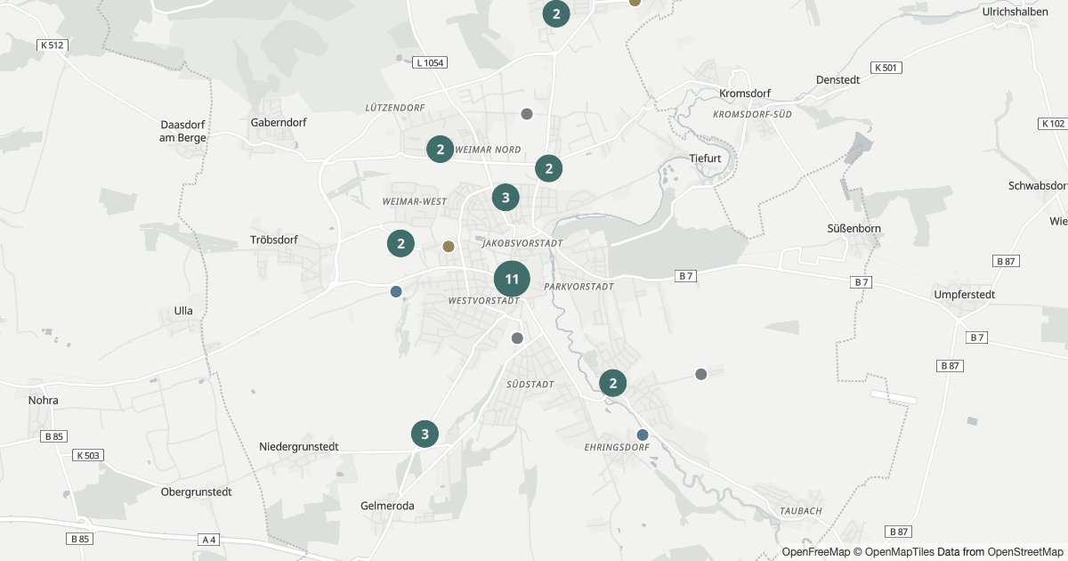 Karte mit 141 Polizeimeldungen aus Weimar seit dem 9. August 2026