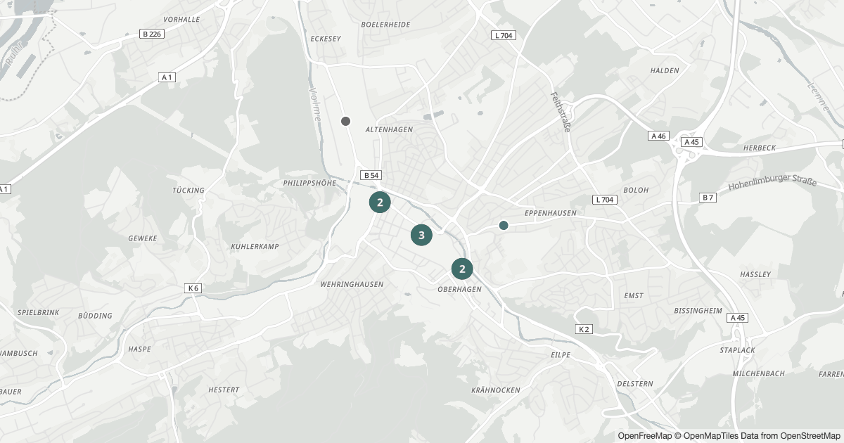 Karte mit 18 Polizeimeldungen aus Hagen-Mitte (Hagen) seit dem 7. August 2026