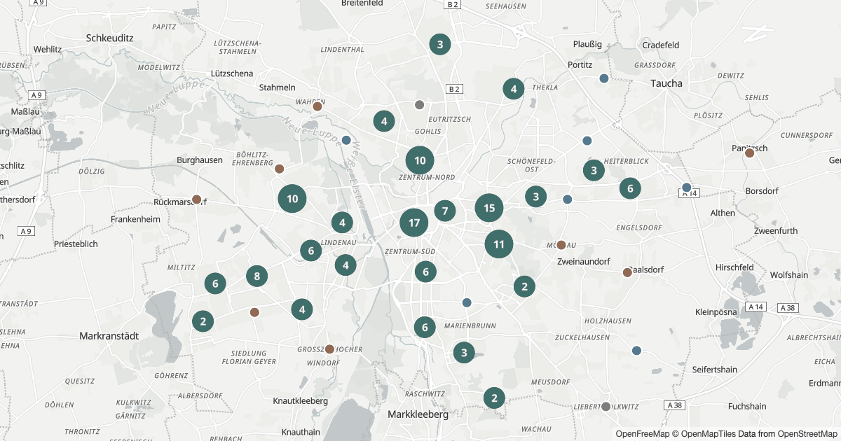 Karte mit 196 Polizeimeldungen aus Leipzig aus den letzten 90 Tagen