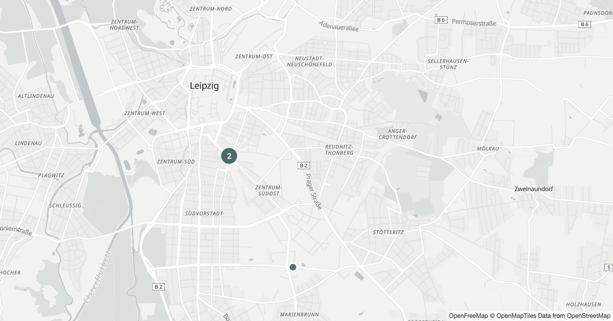 Karte mit 20 Polizeimeldungen aus Zentrum-Südost (Leipzig) aus den letzten zwölf Monaten