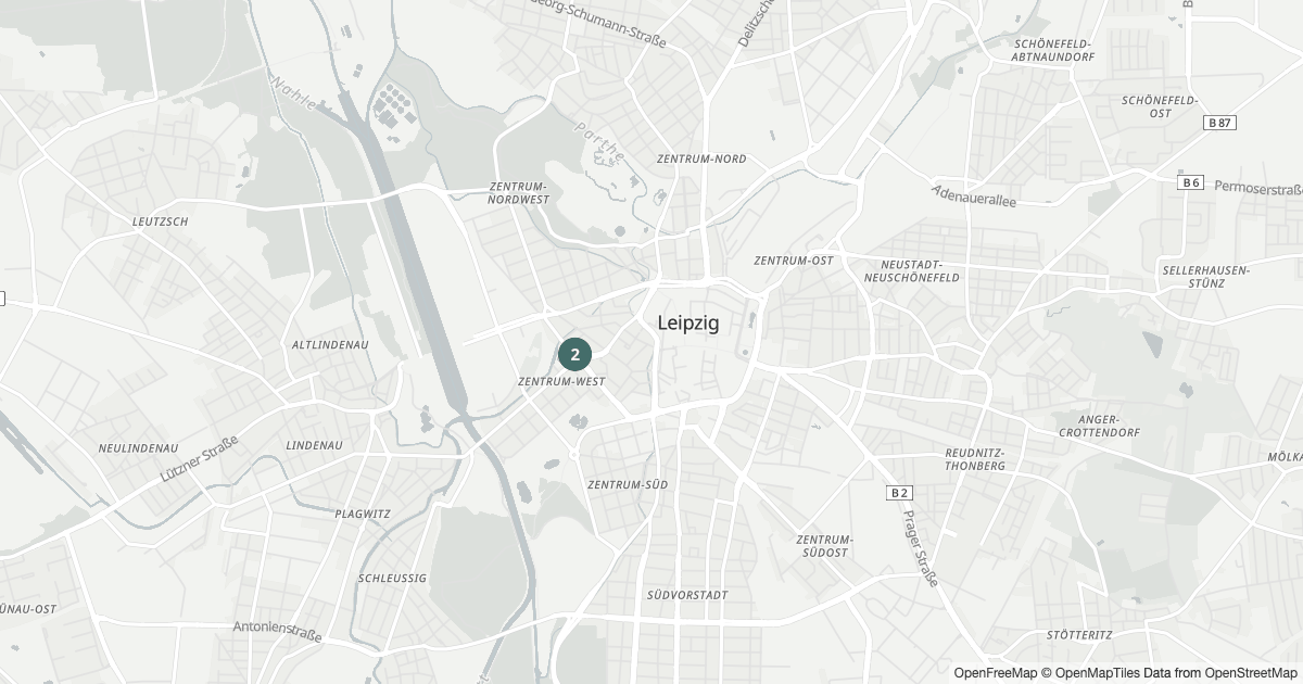 Karte mit 15 Polizeimeldungen aus Zentrum-West (Leipzig) aus den letzten zwölf Monaten