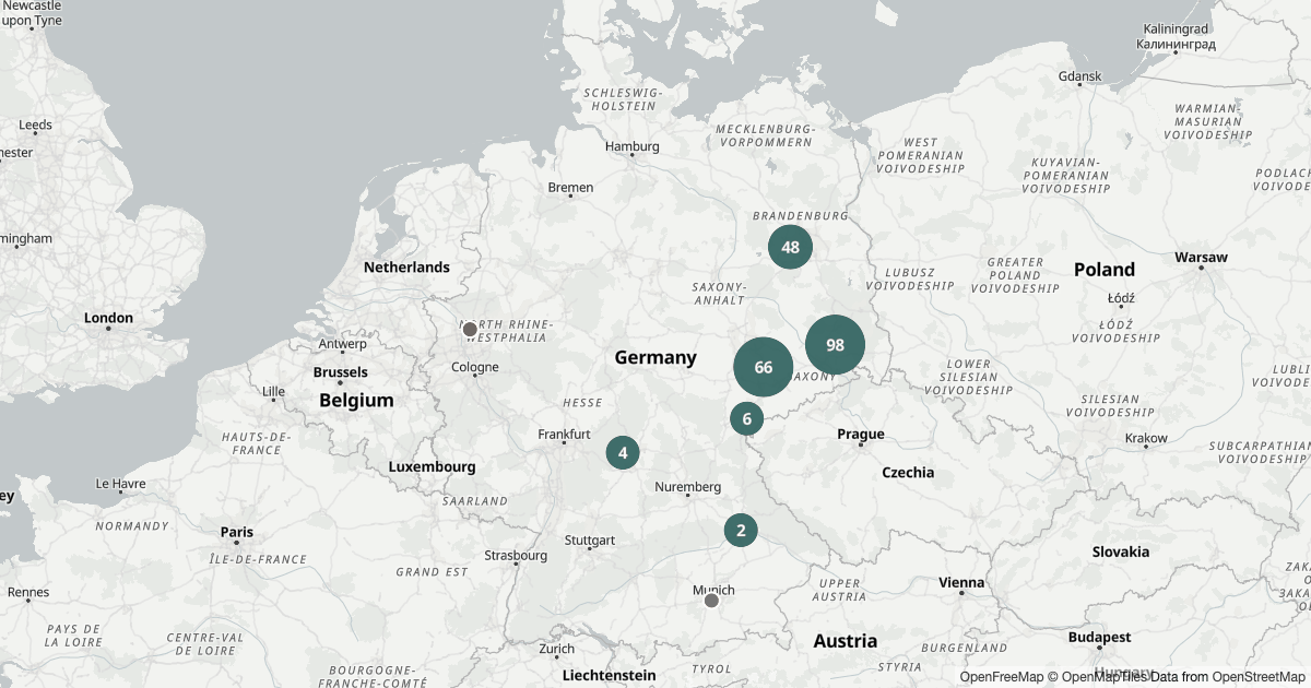 Deutschlandkarte mit 523 Polizeimeldungen zum Thema Wildunfälle